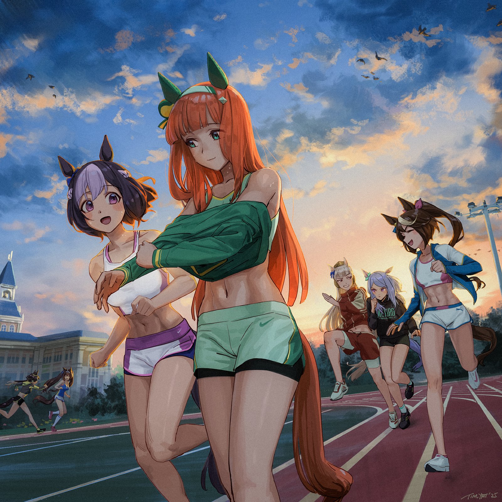 tim yrt, daiwa scarlet (umamusume), gold ship (umamusume), mejiro mcqueen (umamusume), silence suzuka (umamusume), special week (umamusume), tokai teio (umamusume), vodka (umamusume), puma (brand), umamusume, highres, 6+girls, animal ears, blush, bow, breasts, brown hair, dolphin shorts, hair between eyes, hair ornament, hat, horse ears, horse girl, horse tail, jacket, long hair, midriff, multicolored hair, multiple girls, open clothes, open jacket, open mouth, orange hair, ponytail, purple hair, removing jacket, running, running track, shirt, shorts, signature, smile, sports bra, sportswear, tail, toned, track and field, track jacket, twintails, white hair