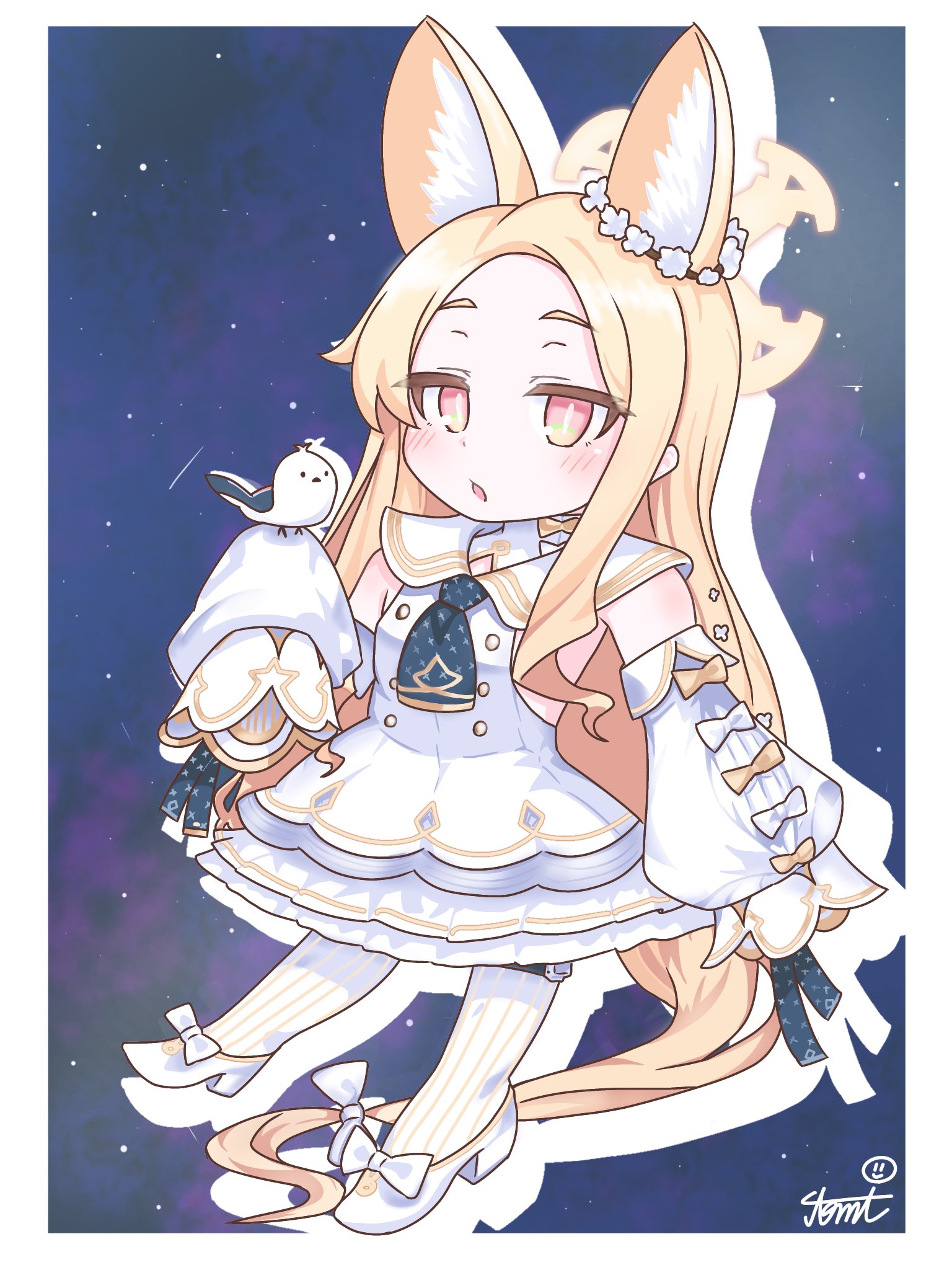 tomimon, seia (blue archive), blue archive, commentary request, highres, 1girl, animal, animal ear fluff, animal ears, bird, blonde hair, blush, bow, brown bow, detached sleeves, dress, drop shadow, flower, forehead, fox ears, full body, halo, high heels, long hair, long sleeves, looking at viewer, pantyhose, parted bangs, parted lips, pink eyes, puffy long sleeves, puffy sleeves, shoes, signature, sleeveless, sleeveless dress, solo, space, star (sky), striped clothes, striped pantyhose, vertical-striped clothes, vertical-striped pantyhose, very long hair, white bow, white dress, white flower, white pantyhose, white shoes, white sleeves