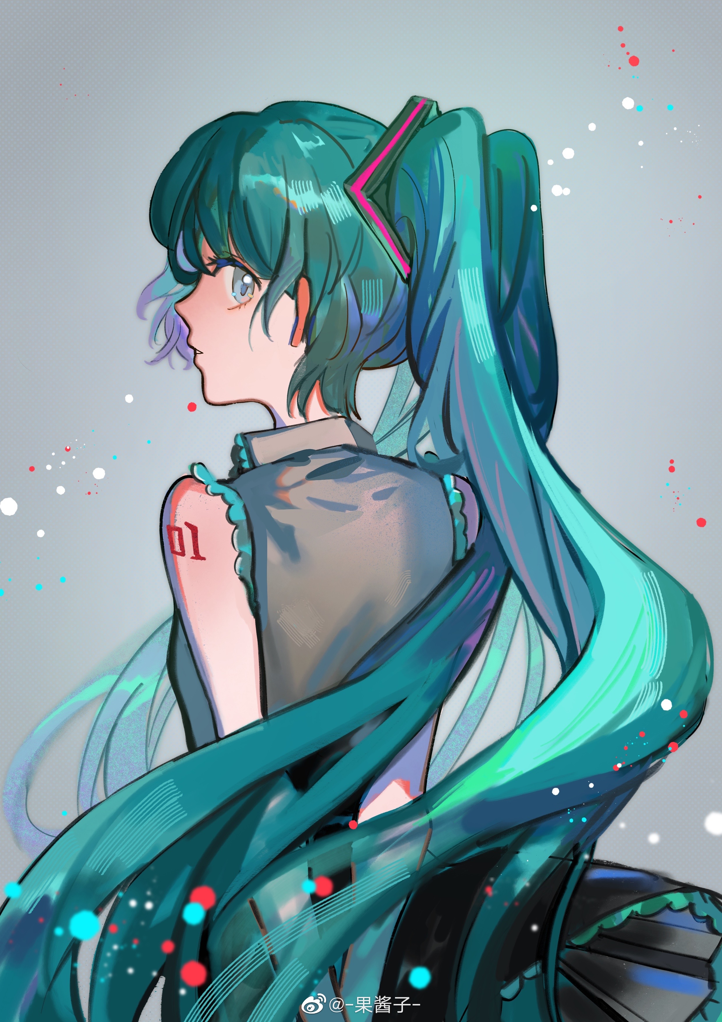 guojiangzi, hatsune miku, vocaloid, absurdres, highres, 1girl, bare shoulders, breasts, simple background, solo