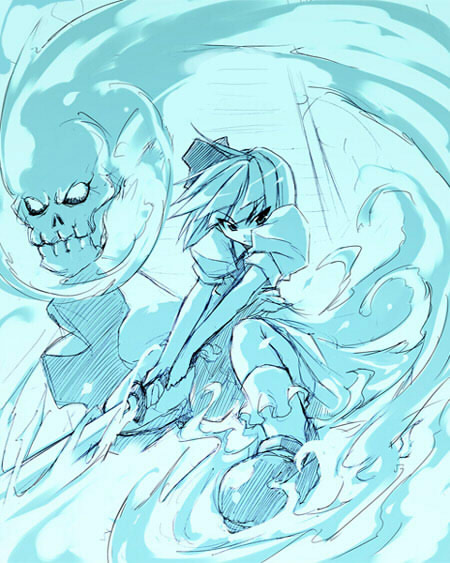 touya (the-moon), konpaku youmu, konpaku youmu (ghost), touhou, >:|, 1girl, :|, action, blue theme, closed mouth, female focus, foreshortening, hitodama, monochrome, sketch, skull, solo, sword, v-shaped eyebrows, weapon
