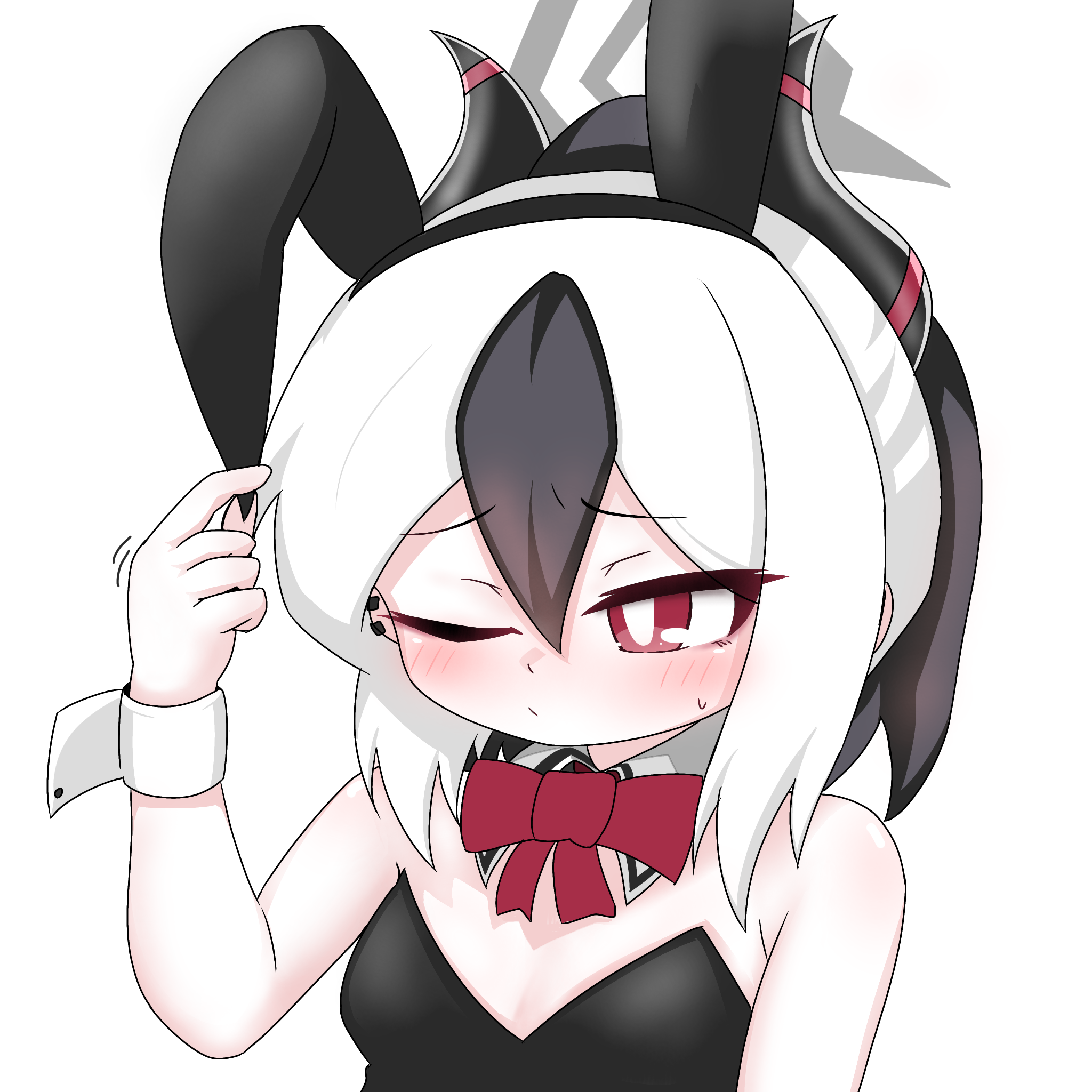 tomimon, kayoko (blue archive), blue archive, commentary request, highres, 1girl, animal ears, arm up, bare shoulders, black hair, black hairband, black leotard, blush, bow, breasts, closed mouth, collar, detached collar, ear piercing, fake animal ears, hair between eyes, hairband, halo, hand on own ear, horns, leotard, multicolored hair, one eye closed, piercing, playboy bunny, ponytail, pulling own ear, rabbit ears, red bow, red eyes, simple background, small breasts, small sweatdrop, solo, strapless, strapless leotard, sweat, two-tone hair, upper body, white background, white collar, white hair, wing collar, wrist cuffs