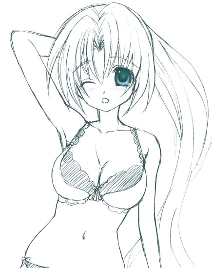 tachibana koo, sonozaki mion, higurashi no naku koro ni, 00s, 1girl, bra, female focus, greyscale, lingerie, monochrome, one eye closed, panties, ponytail, solo, underwear, underwear only, wink
