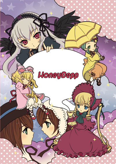 mizunomoto, hinaichigo, kanaria, shinku, souseiseki, suigintou, suiseiseki, rozen maiden, eyebrows, 00s, 6+girls, ankle ribbon, black wings, blonde hair, bloomers, blush, bonnet, bow, brown hair, cup, dress, drill hair, expressionless, eye contact, green eyes, green hair, grey hair, hair ribbon, hairband, hat, leg ribbon, long hair, looking at another, looking at viewer, multiple girls, pink bow, profile, puffy sleeves, red dress, red eyes, ribbon, short hair, siblings, sisters, smile, teacup, top hat, twins, umbrella, underwear, very long hair, wings