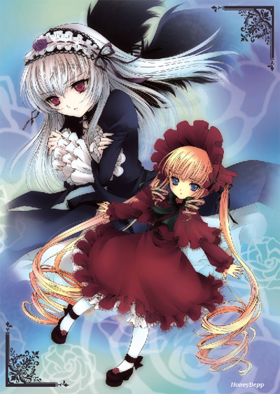 mizunomoto, shinku, suigintou, rozen maiden, white legwear, 00s, 2girls, black dress, blonde hair, bonnet, doll, dress, drill hair, frilled sleeves, frills, hairband, kneehighs, lolita hairband, long hair, long sleeves, looking at viewer, mary janes, multiple girls, outstretched arms, pantyhose, red dress, shoes, socks, twin drills, twintails, very long hair