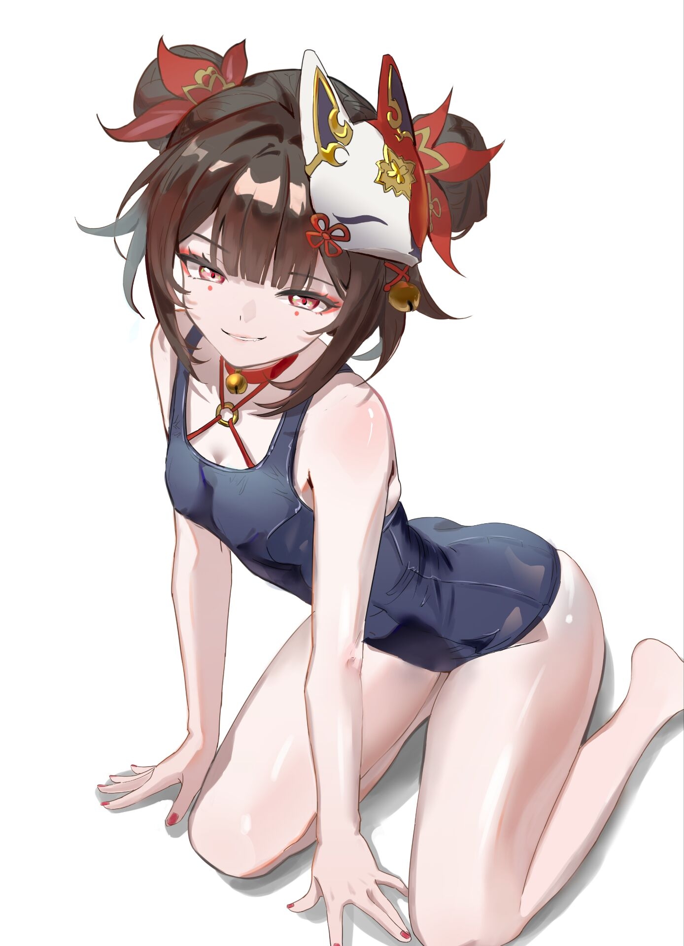 he jiu, sparkle (honkai: star rail), honkai: star rail, honkai (series), highres, 1girl, alternate hairstyle, bell, blue one-piece swimsuit, brown hair, butterfly-shaped pupils, choker, criss-cross halter, double bun, fox mask, hair bun, half-closed eyes, halterneck, kneeling, looking at viewer, mark under both eyes, mask, mask on head, naughty face, neck bell, one-piece swimsuit, pink eyes, red choker, red nails, school swimsuit, shiny skin, short hair, simple background, swimsuit, symbol-shaped pupils, white background