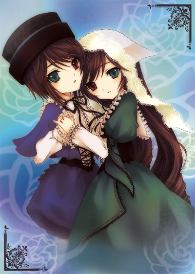 mizunomoto, souseiseki, suiseiseki, rozen maiden, 00s, 2girls, headscarf, heterochromia, multiple girls, pantyhose, siblings, sisters, twins, white headscarf