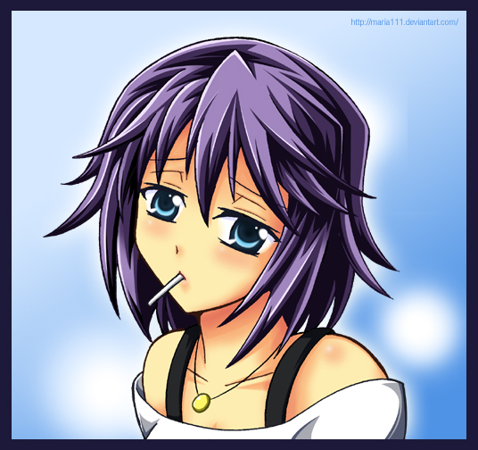 shirayuki mizore, rosario+vampire, 00s, 1girl, bare shoulders, blue eyes, candy, collarbone, female focus, food, jewelry, lollipop, looking at viewer, mouth hold, necklace, off-shoulder shirt, off shoulder, purple hair, shirt, short hair, solo, upper body, white shirt