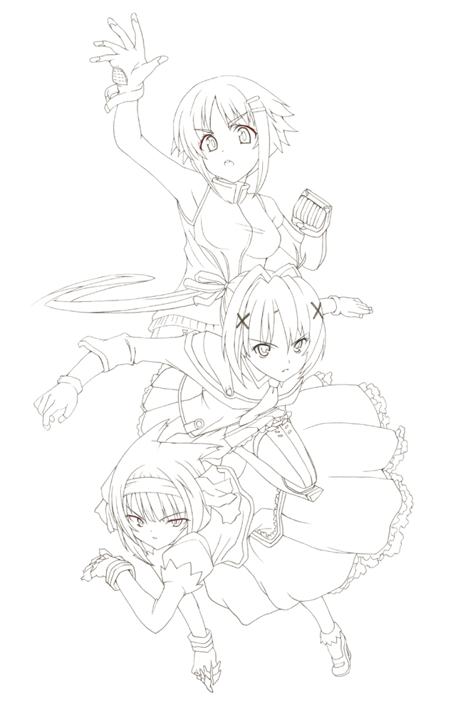 gin (ginshari), original, uniform, 3girls, :d, arm up, blush, closed mouth, dress, full body, gin (ginshari) , greyscale, hair ornament, long sleeves, looking at viewer, monochrome, multiple girls, open mouth, serious, short hair, simple background, smile, white background, x hair ornament
