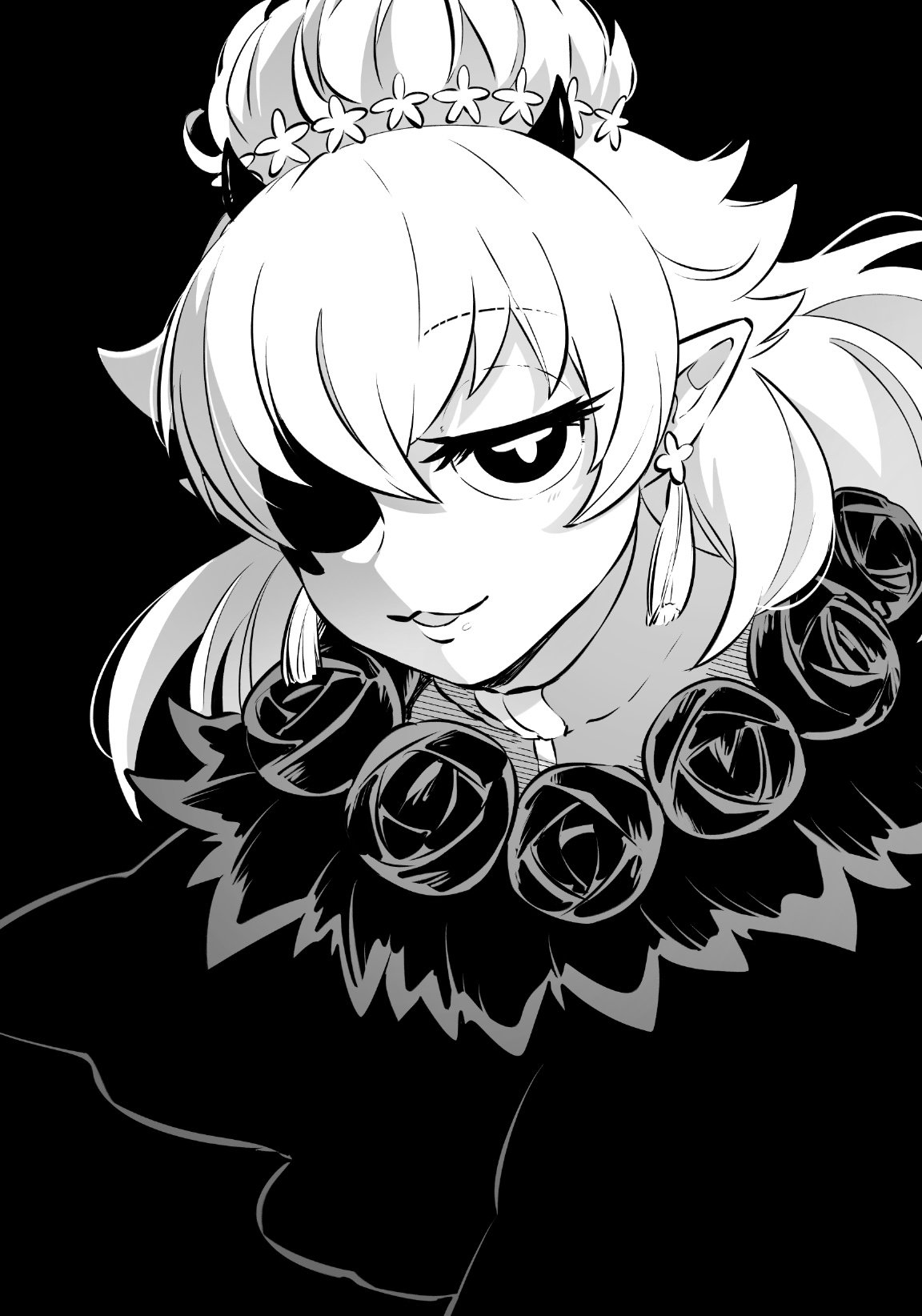 stolas suzie, mairimashita! iruma-kun, highres, 1girl, black background, cross-shaped pupils, demon girl, earrings, greyscale, hair bun, horns, isiko mim z, jewelry, jitome, long hair, monochrome, pointy ears, simple background, single hair bun, small horns, smile, solo, symbol-shaped pupils, tassel, tassel earrings, upper body