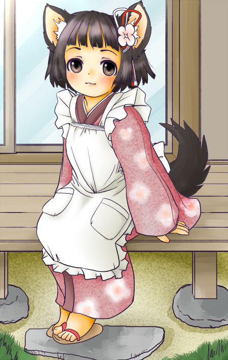original, animal ear fluff, animal ears, apron, blunt bangs, bow, dog ears, dog girl, japanese clothes, kimono, maid, sliding doors, solo, tail, wa maid, waist bow