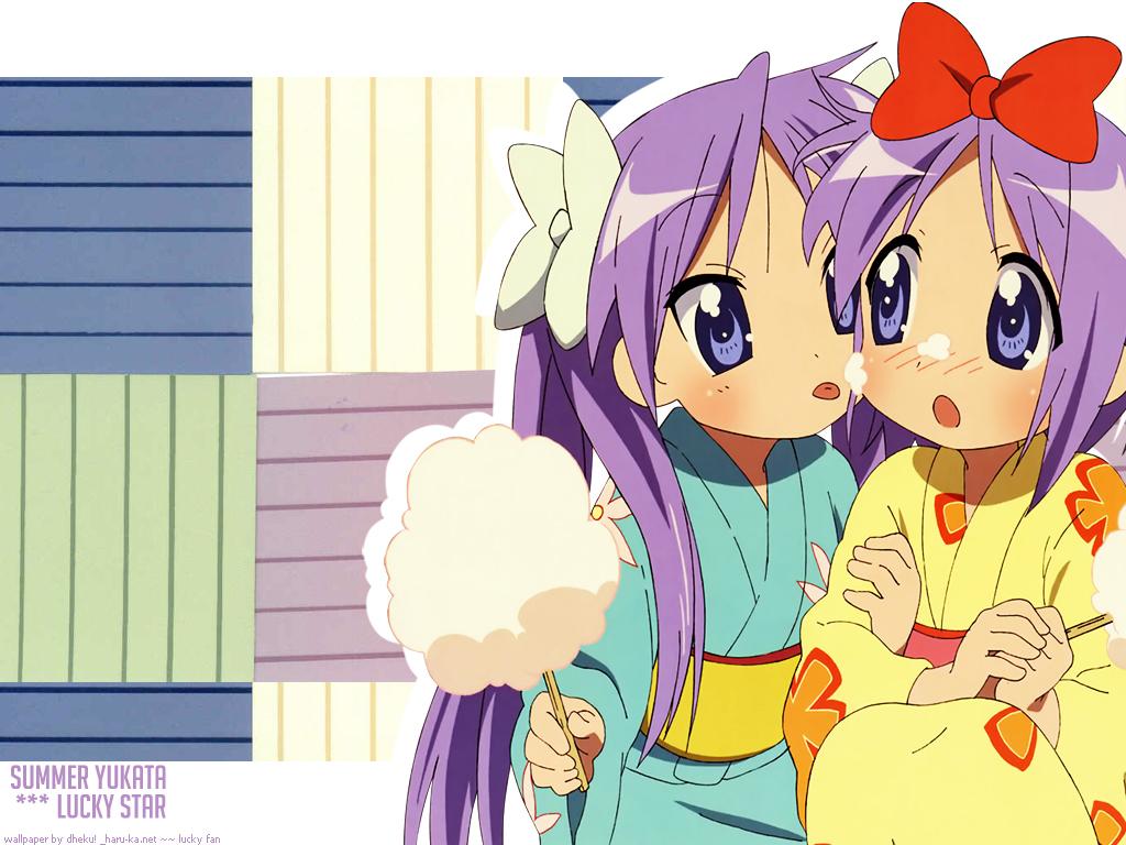 hiiragi kagami, hiiragi tsukasa, lucky star, 00s, 2girls, blush, cotton candy, hair ribbon, japanese clothes, kimono, licking, multiple girls, ribbon, siblings, sisters, tongue, twins, yukata