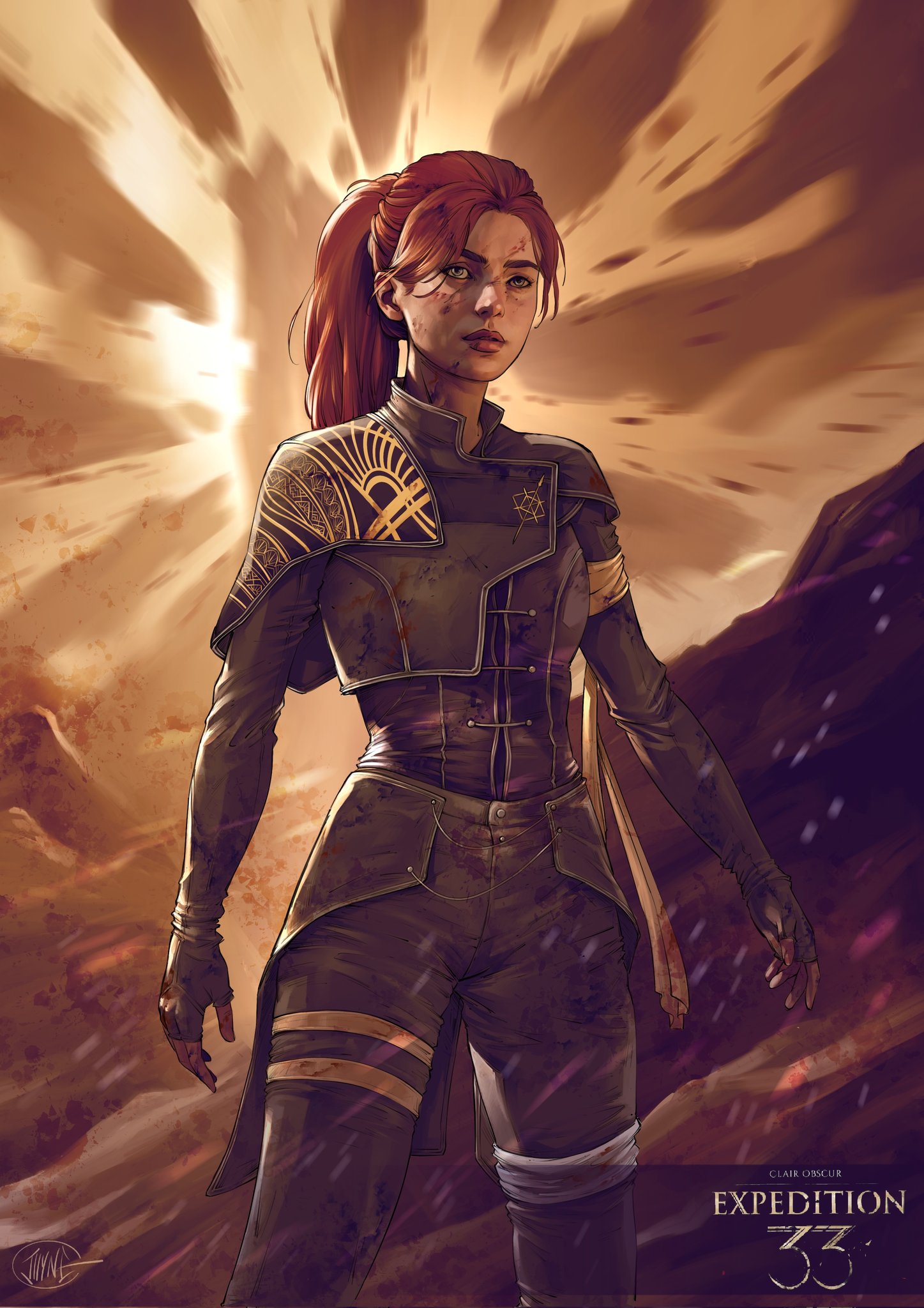 illyne cosplay, maelle (clair obscur: expedition 33), clair obscur: expedition 33, highres, 1girl, brown gloves, brown jacket, brown pants, copyright logo, copyright name, fingerless gloves, gloves, green eyes, jacket, long hair, orange hair, pants, ponytail, solo