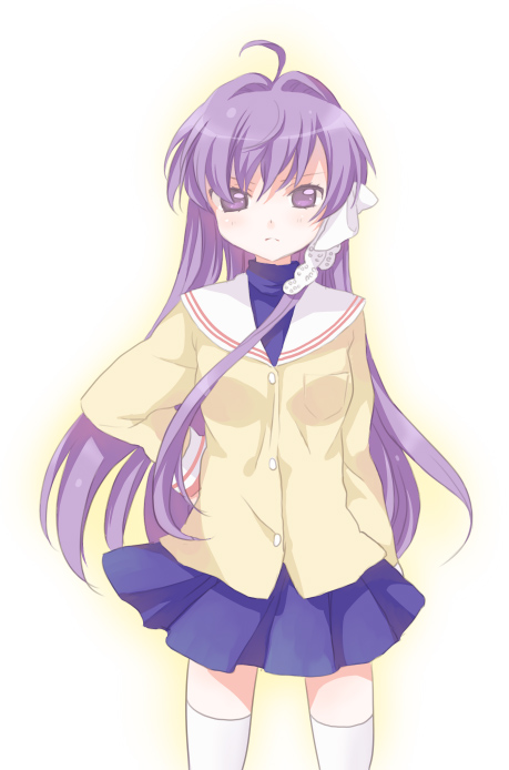 namori, fujibayashi kyou, clannad, 00s, 1girl, female focus, glaring, hair ribbon, hand on own hip, long hair, purple eyes, purple hair, ribbon, school uniform, serafuku, solo, thighhighs, zettai ryouiki