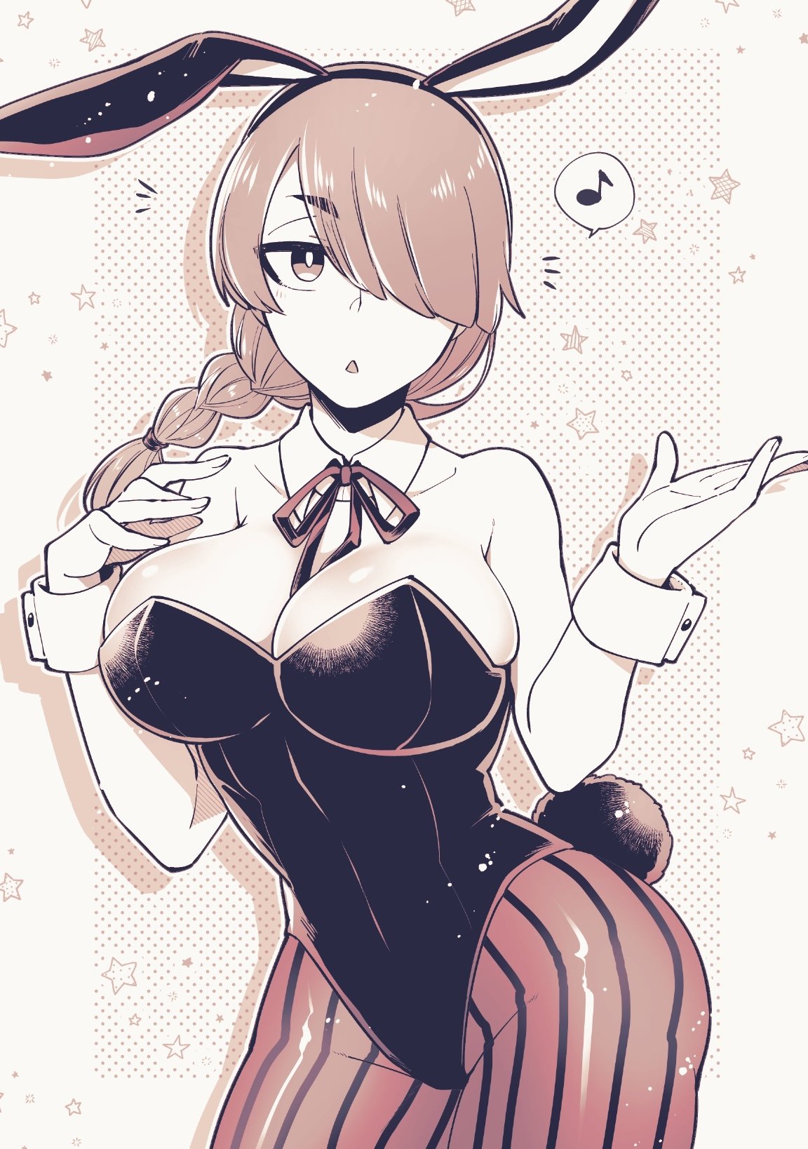 opera (iruma-kun), mairimashita! iruma-kun, highres, 1girl, animal ear hairband, animal ears, bare shoulders, braid, breasts, cowboy shot, detached collar, drop shadow, eighth note, fake animal ears, fake tail, genderswap, genderswap (otf), hair over one eye, hairband, highleg, highleg leotard, isiko mim z, large breasts, leotard, long hair, looking at viewer, musical note, outline, pantyhose, playboy bunny, rabbit ear hairband, rabbit ears, rabbit tail, ribbon, sepia, simple background, solo, spoken musical note, strapless, strapless leotard, striped clothes, striped pantyhose, tail, white background, wrist cuffs