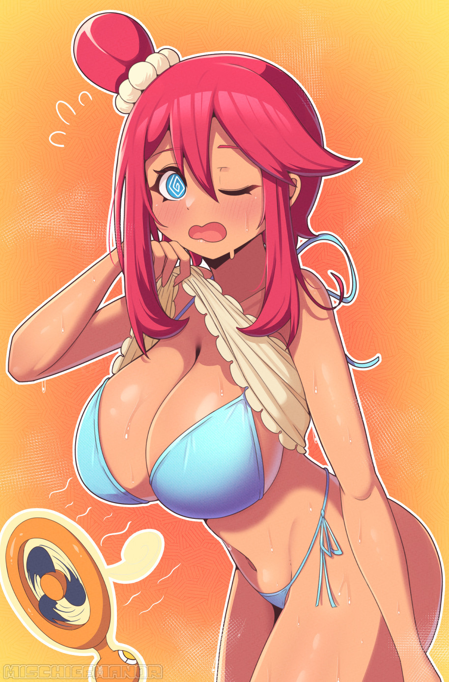 mischiefmiz, rotom, rotom (fan), skyla (pokemon), nintendo, pokemon, pokemon bw, 1girl, @ @, bikini, blue eyes, blush, breasts, dark-skinned female, dark skin, gen 4 pokemon, heat, large breasts, long hair, one eye closed, red hair, sweat, swimsuit