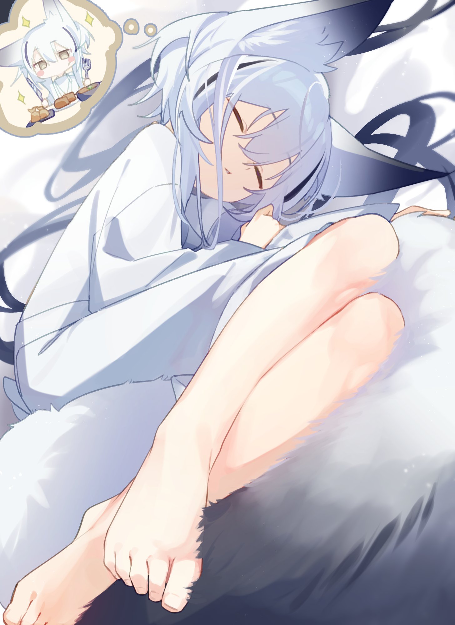original, highres, 1girl, animal ear fluff, animal ears, barefoot, closed eyes, dreaming, feet, foot focus, fox ears, fox girl, fox tail, long hair, lying, nekozyake game, on side, pants, shirt, sleeping, solo, sparkle, tail, very long hair, white hair, white pants, white shirt