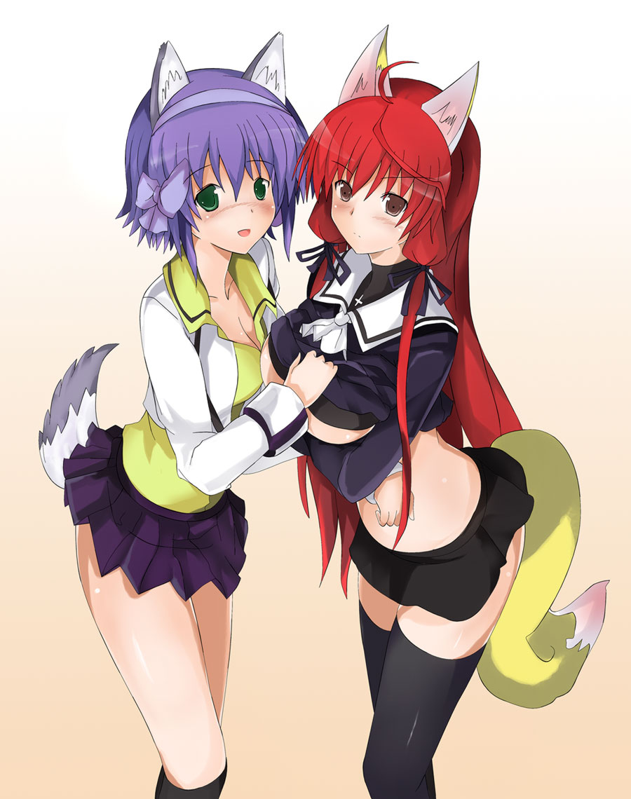 usugiri bacon, himuro akari, shiho elis, night wizard, 00s, animal ears, clothes lift, fox ears, school uniform, serafuku, shirt lift, tail, thighhighs, zettai ryouiki