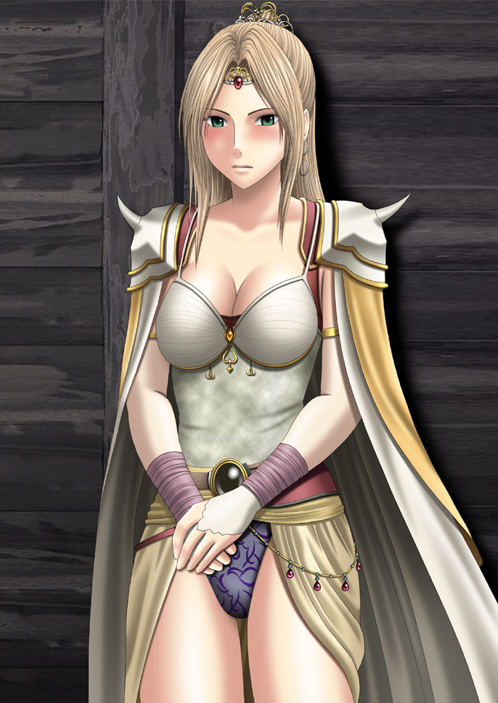 crimson comics, rosa farrell, final fantasy, final fantasy iv, 1990s (style), 1girl, blonde hair, blush, breasts, cape, cleavage, crown, dress, earrings, female focus, gloves, green eyes, hat, indoors, jewelry, large breasts, long hair, panties, retro artstyle, solo, tiara, underwear