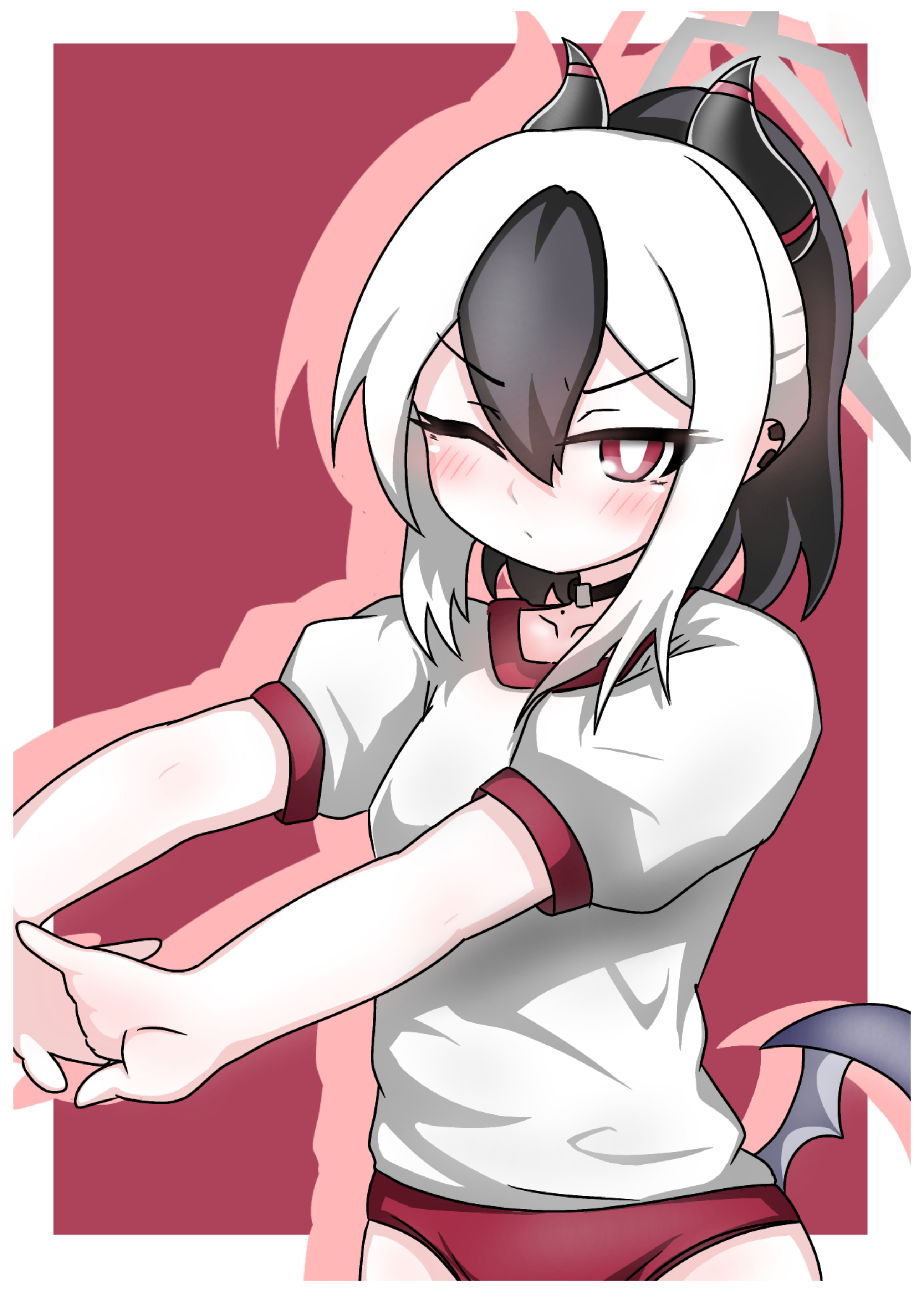 tomimon, kayoko (blue archive), blue archive, absurdres, commentary request, highres, 1girl, black choker, black hair, blush, border, buruma, choker, closed mouth, collarbone, drop shadow, ear piercing, grey wings, gym uniform, hair between eyes, halo, looking at viewer, low wings, multicolored hair, one eye closed, piercing, puffy short sleeves, puffy sleeves, red background, red buruma, shirt, short sleeves, single wing, solo, stretching, two-tone hair, v-shaped eyebrows, white border, white hair, white shirt, wings