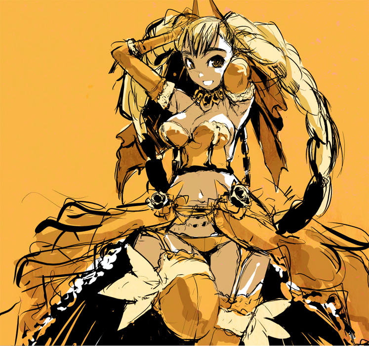 original, 1girl, arms up, breasts, bustier, cleavage, elbow gloves, fantasy, female focus, garter straps, gloves, large breasts, midriff, monochrome, simple background, smile, solo, thighhighs, yellow background, yellow theme