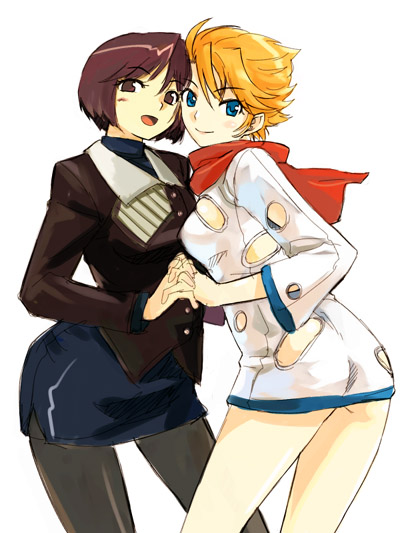 michael f91, 2girls, blonde hair, blue eyes, brown eyes, brown hair, multiple girls, pantyhose, skirt