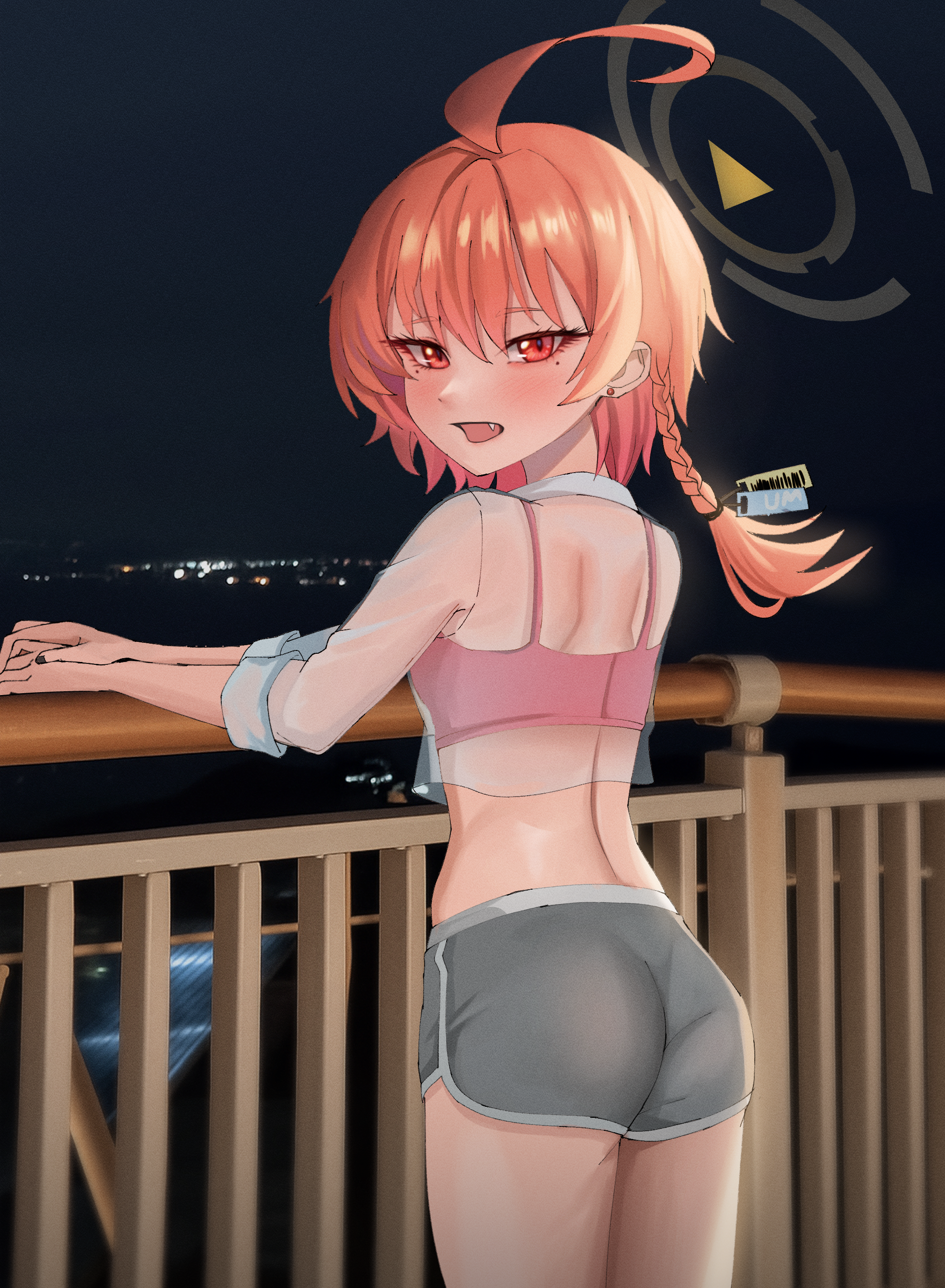 taeman, neru (blue archive), blue archive, absurdres, highres, 1girl, ahoge, ass, black nails, braid, crop top, dolphin shorts, fang, grey shorts, huge ahoge, looking at viewer, mole, mole under each eye, mole under eye, multiple moles, night, open mouth, outdoors, pink sports bra, railing, red eyes, red hair, see-through clothes, see-through shirt, shirt, short hair, short shorts, shorts, single braid, solo, sports bra, tag
