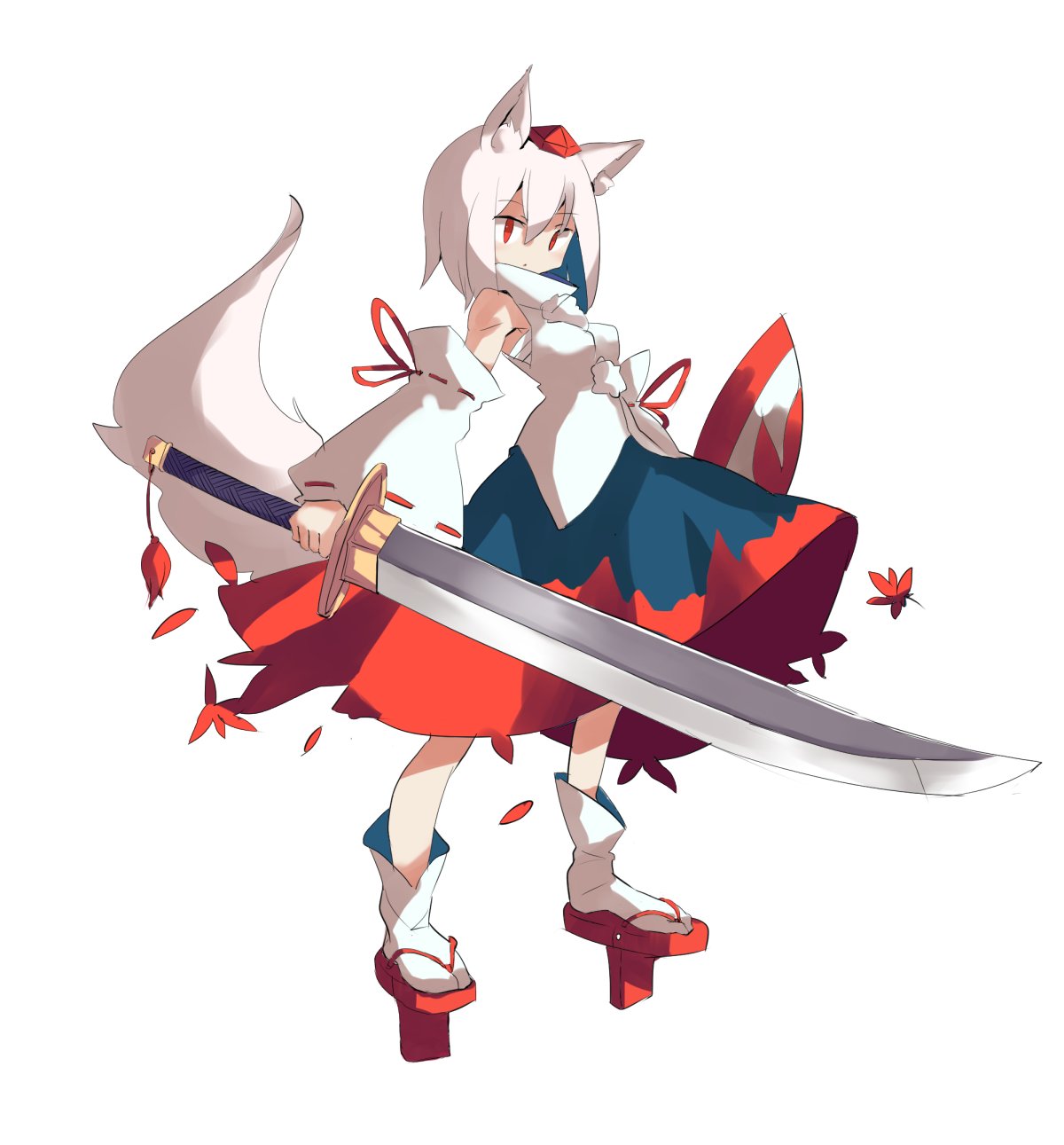 kaminendo, inubashiri momiji, touhou, commentary request, highres, 1girl, animal ear fluff, animal ears, blue sky, breasts, detached sleeves, falling leaves, floating clothes, geta, hair between eyes, hat, holding, holding shield, holding sword, holding weapon, leaf, leaf print, long sleeves, maple leaf, maple leaf print, medium breasts, medium hair, parted lips, pom pom (clothes), red eyes, red hat, red ribbon, red shoes, red trim, ribbon, ribbon-trimmed sleeves, ribbon trim, shield, shirt, shoes, simple background, sky, socks, solo, sword, tail, tassel, tengu-geta, tokin hat, weapon, white background, white hair, white shirt, white socks, wide sleeves, wolf ears, wolf girl, wolf tail