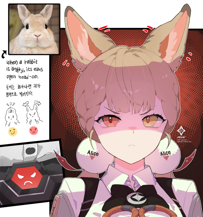 team.achv, alice thymefield, zenless zone zero, photo-referenced, 1girl, animal ears, blonde hair, frown, hair ornament, heterochromia, long hair, portrait, rabbit ears, red eyes, reference inset, solo, sphere hair ornament, twintails, v-shaped eyebrows, yellow eyes