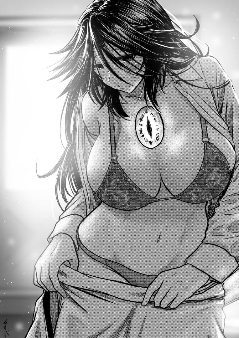 koyubi (littlefinger1988), reiuji utsuho, touhou, 1girl, bra, breasts, clothes pull, greyscale, groin, hair between eyes, large breasts, long hair, midriff, monochrome, navel, nightgown, panties, shirt slip, single off shoulder, solo, third eye, underwear