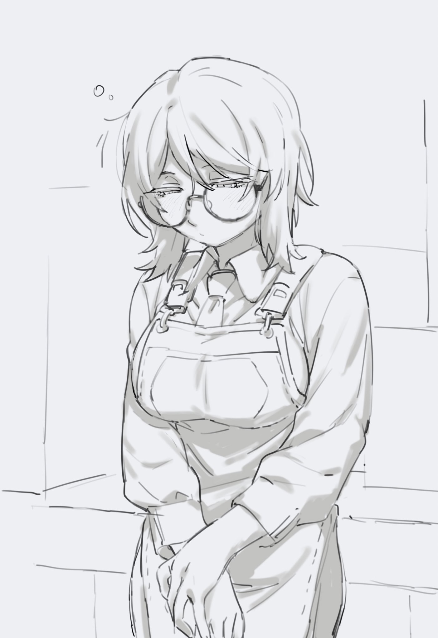 keisotu kuruu, faust (project moon), limbus company, project moon, highres, 1girl, apron, breasts, closed mouth, collared shirt, glasses, large breasts, long sleeves, looking at viewer, monochrome, necktie, official alternate costume, seven association south uniform, shirt, short hair, simple background, solo, squeans, standing, upper body, white background, white hair
