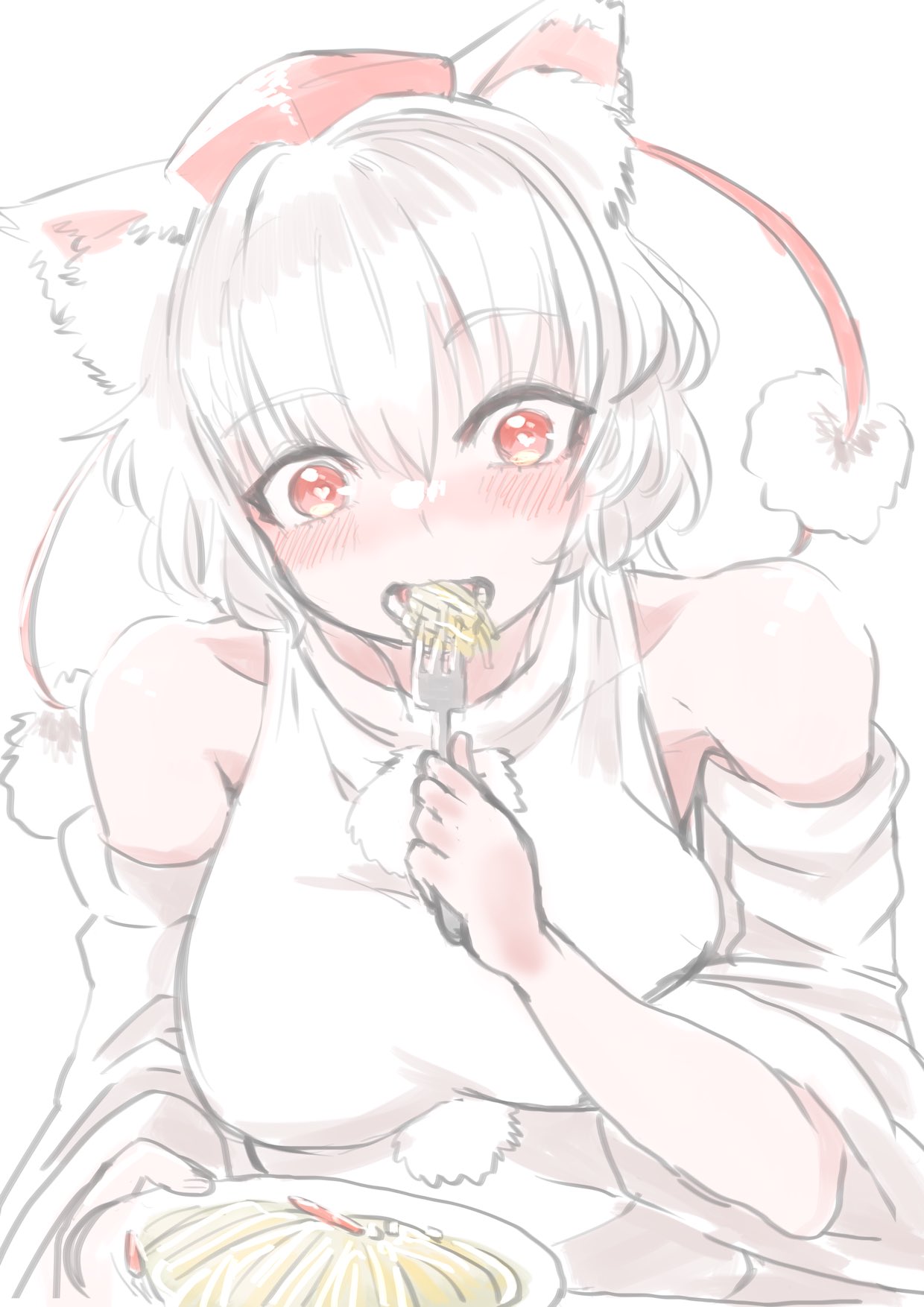 yoyoiro (sysi20), inubashiri momiji, touhou, commentary request, highres, 1girl, animal ear fluff, animal ears, blush, breasts, bright pupils, crossed bangs, detached sleeves, eating, food, fork, hair between eyes, hat, heart, heart-shaped pupils, holding, holding fork, holding plate, large breasts, long sleeves, lower teeth only, open mouth, pasta, plate, pom pom (clothes), red eyes, red hat, shirt, short hair, simple background, solo, symbol-shaped pupils, teeth, tokin hat, upper body, white background, white hair, white pupils, white shirt, wide sleeves, wolf ears, wolf girl