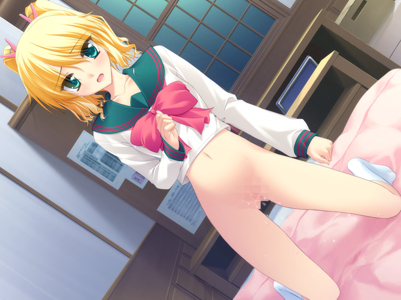 matsushita makako, rakko (makarakko), tagaya marino, honeycoming royalsweet, game cg, 1girl, bed, blonde hair, blush, bottomless, bow, censored, desk, dutch angle, female focus, green eyes, kneeling, mosaic censoring, navel, on bed, open mouth, pussy, pussy juice, school uniform, serafuku, socks, solo, window