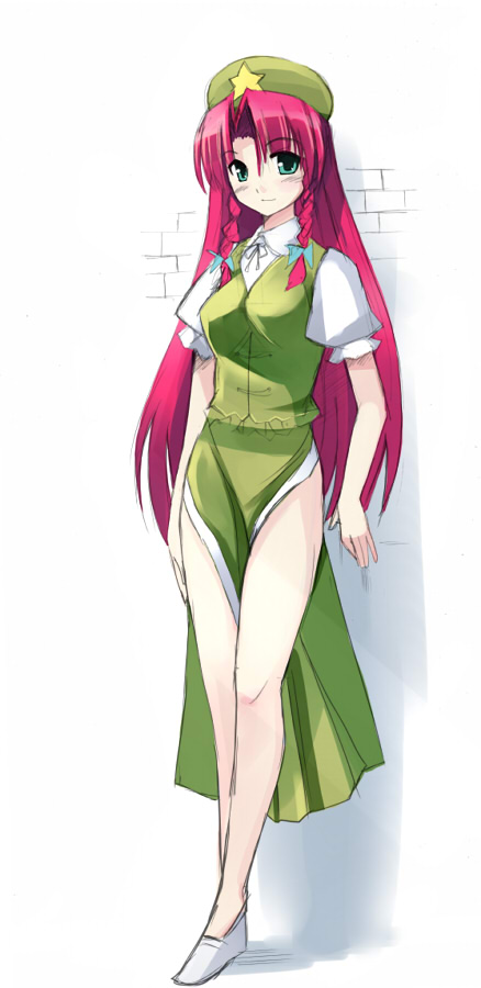 seo tatsuya, hong meiling, touhou, 1girl, blush, braid, breasts, chinese clothes, female focus, full body, green eyes, hat, legs, long hair, red hair, skirt, solo, twin braids, white background