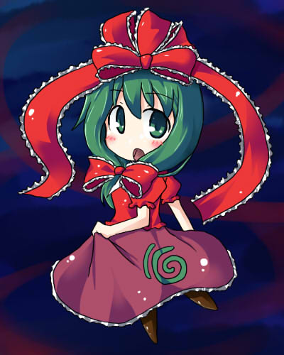 kari (karinimooreha), kari (pixiv87692), kagiyama hina, touhou, lowres, 1girl, chibi, female focus, front ponytail, green hair, ribbon, solo