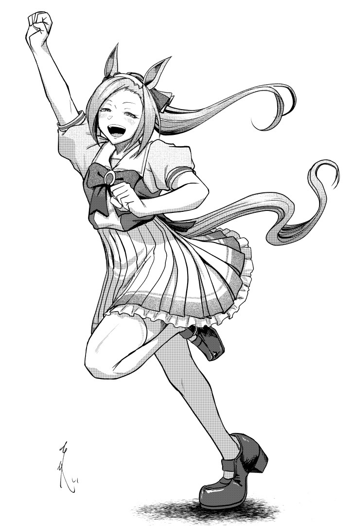 koyubi (littlefinger1988), sakura bakushin o (umamusume), umamusume, 1girl, animal ears, arm up, bow, bowtie, clenched hand, collared shirt, frilled skirt, frills, full body, greyscale, half-closed eyes, horse ears, horse girl, horse tail, mary janes, monochrome, parted bangs, pleated skirt, ponytail, sailor collar, sailor shirt, school uniform, serafuku, shirt, shoes, short sleeves, skirt, solo, standing, standing on one leg, tail, tracen school uniform