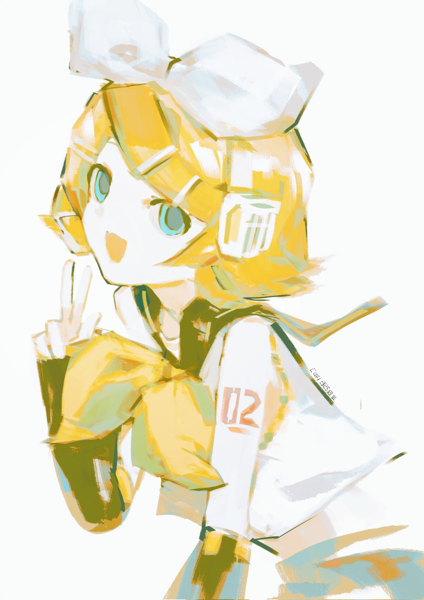 caki, kagamine rin, vocaloid, highres, 1girl, aqua eyes, bare shoulders, black sailor collar, black sleeves, blonde hair, blue eyes, bow, crop top, detached sleeves, hair bow, hair ornament, hairclip, hand up, headphones, headset, leaning forward, looking at viewer, neckerchief, number tattoo, open mouth, sailor collar, shirt, short hair, shorts, shoulder tattoo, simple background, sleeveless, sleeveless shirt, smile, solo, swept bangs, tattoo, upper body, v, white background, white bow, white shirt, yellow neckerchief