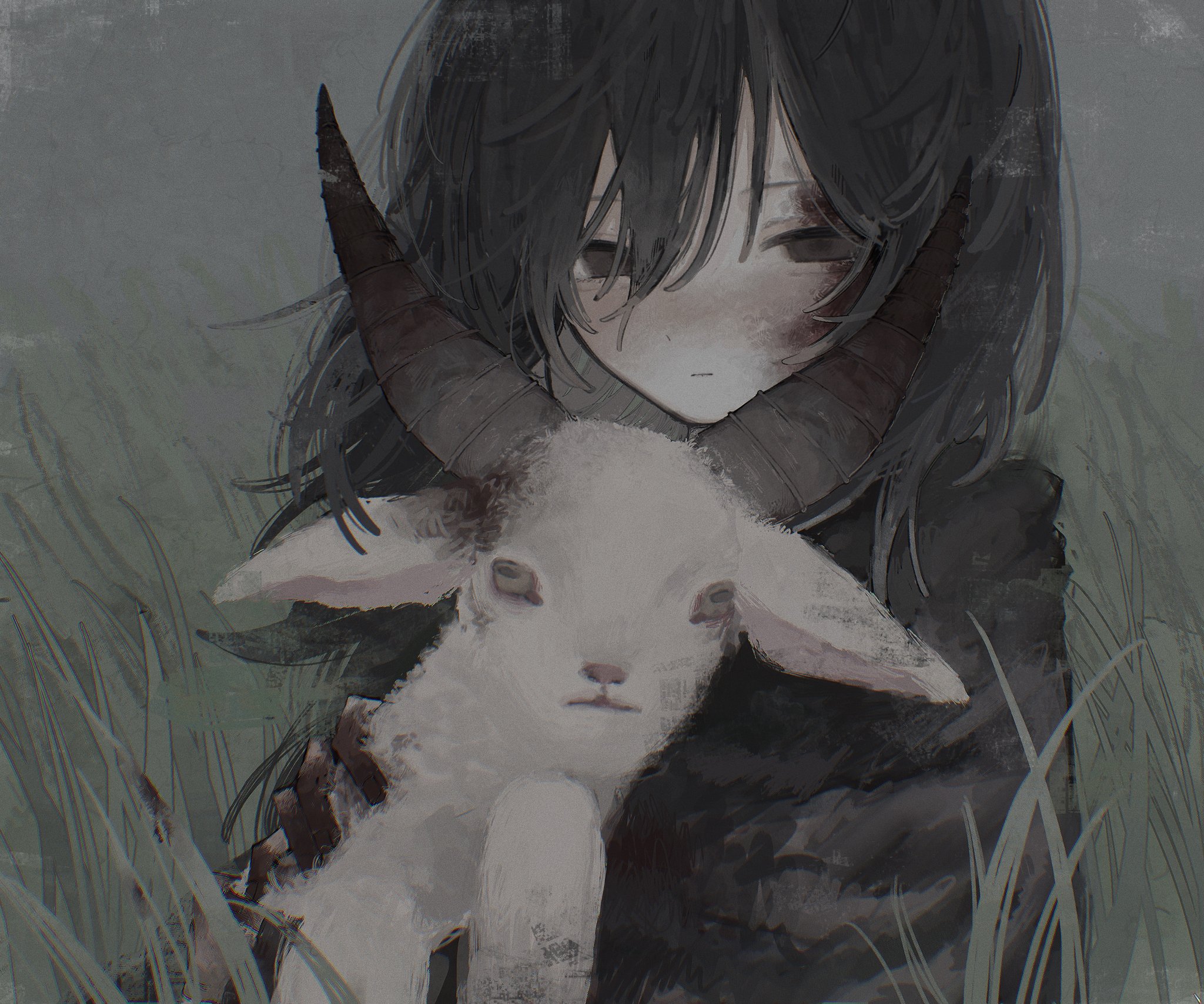 ume (ume x0x), original, highres, 1girl, animal, black coat, black eyes, black hair, closed mouth, coat, dirty, dirty face, dirty hands, expressionless, goat, grass, holding, holding animal, horns, long hair, looking at viewer, outdoors, solo