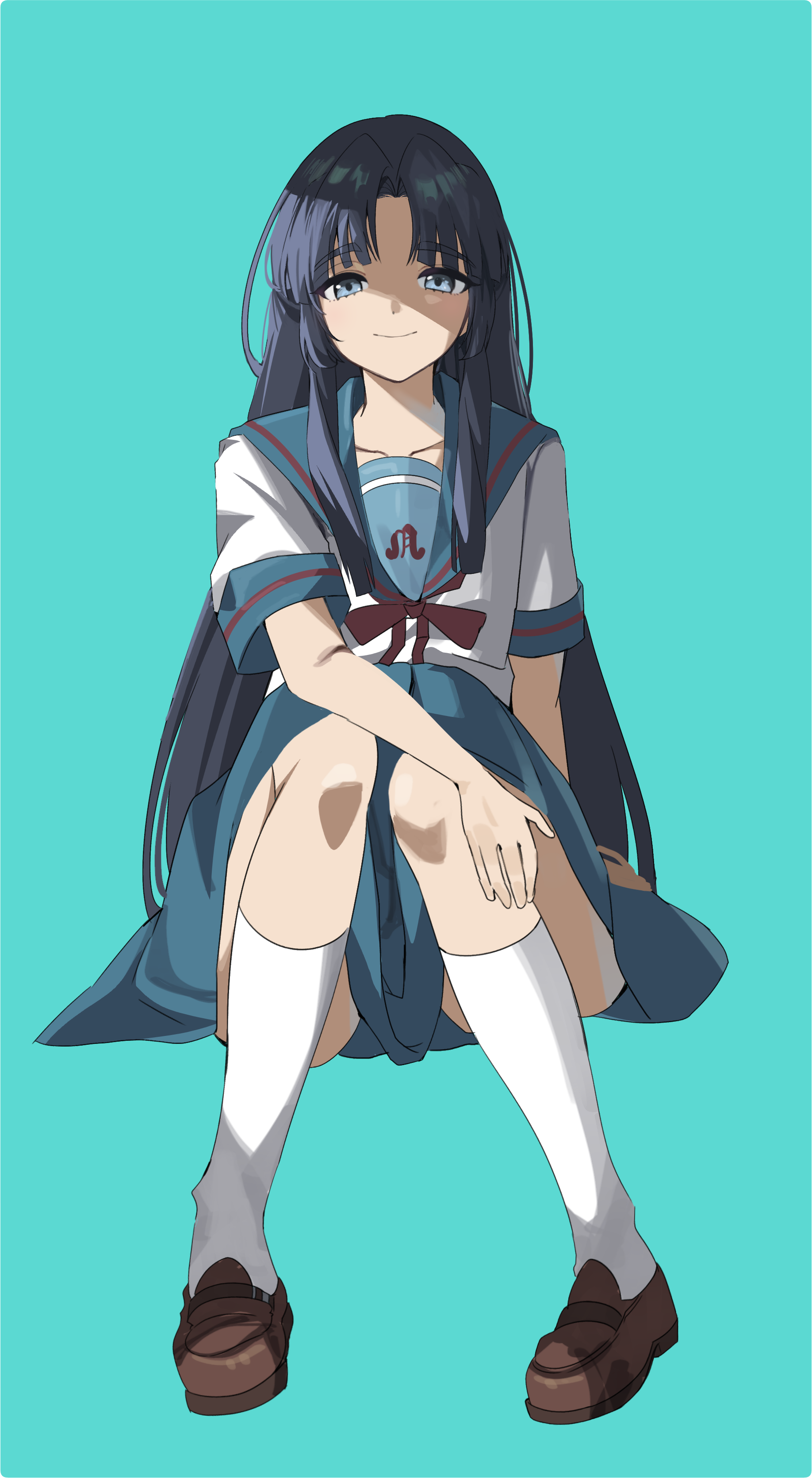 asakura ryoko, suzumiya haruhi no yuuutsu, absurdres, highres, 1girl, aqua background, blue eyes, blue hair, blue sailor collar, blue skirt, brown shoes, closed mouth, collarbone, kita high school uniform, kneehighs, loafers, long hair, parted bangs, pollonia, red ribbon, ribbon, sailor collar, school uniform, serafuku, shoes, short sleeves, simple background, sitting, skirt, smile, socks, solo, summer uniform, very long hair, white socks