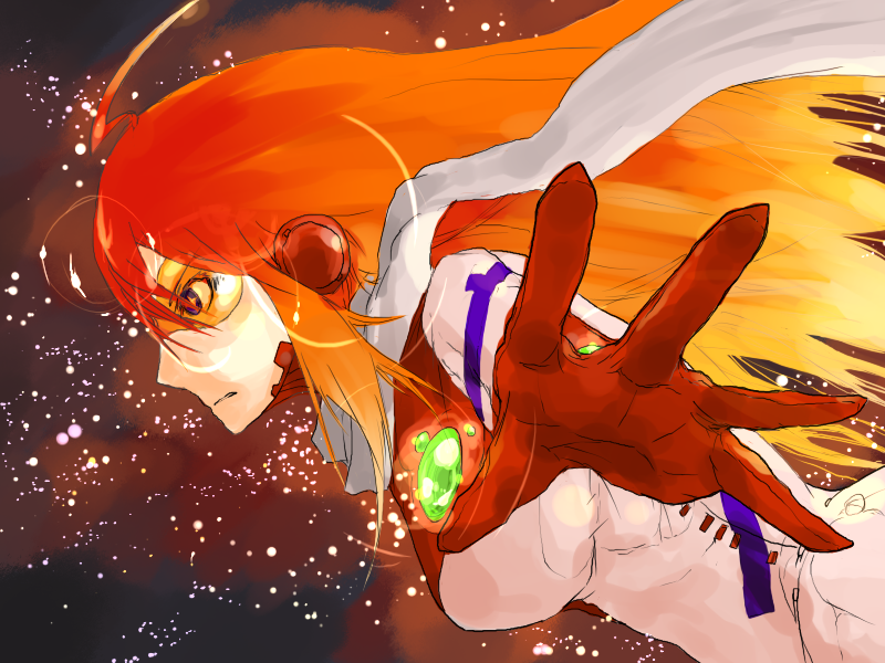 mado, mado (mukade tou), buster machine 7, nono (top wo nerae 2!), top wo nerae! (series), top wo nerae 2!, 00s, ahoge, blue eyes, orange hair, scarf, solo, space, sunglasses