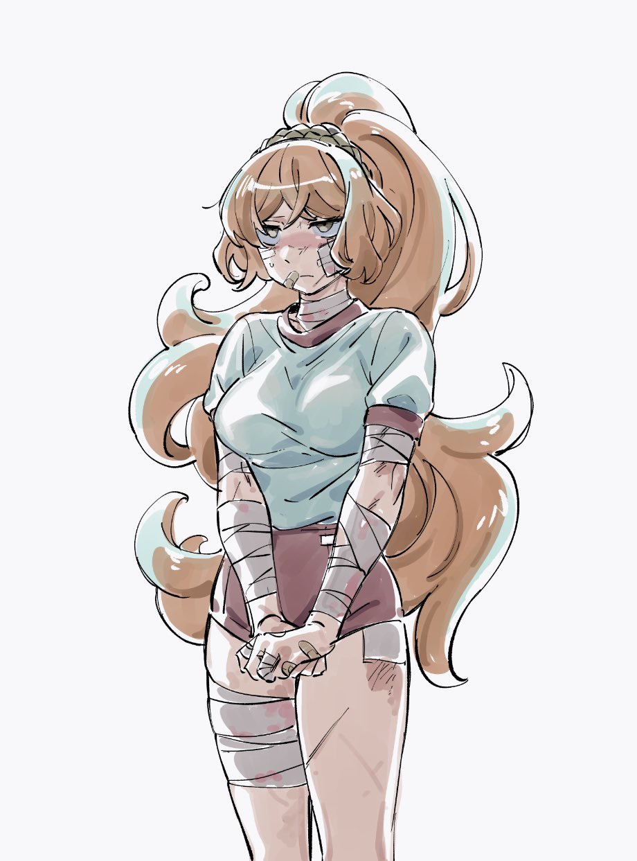 keisotu kuruu, ishmael (project moon), limbus company, project moon, highres, 1girl, alternate costume, alternate hairstyle, bandages, blood, blue shirt, breasts, brown hairband, cowboy shot, freckles, hairband, long hair, looking at viewer, orange hair, ponytail, red shorts, scar, shirt, short shorts, shorts, simple background, solo, standing, white background