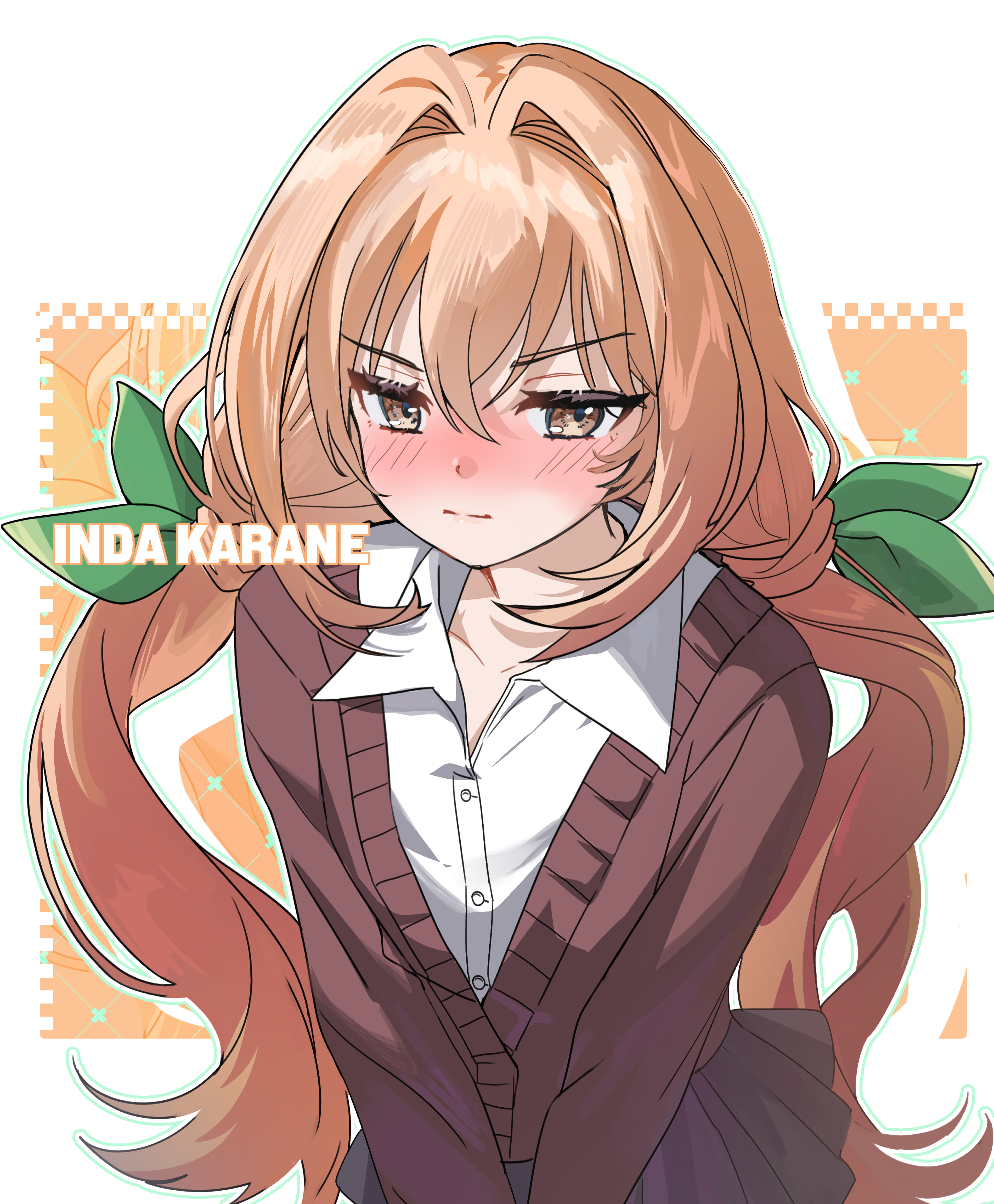 inda karane, kimi no koto ga dai dai dai dai daisuki na 100-nin no kanojo, absurdres, highres, 1girl, black skirt, blonde hair, blush, brown cardigan, buttons, cardigan, character name, green ribbon, hair ribbon, long hair, long sleeves, looking at viewer, ohananomitsu high school uniform, pollonia, ribbon, school uniform, shirt, simple background, skirt, solo, twintails, upper body, white background, yellow eyes