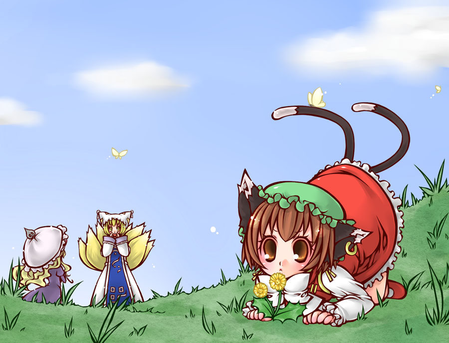mizutama (flowering), chen, yakumo ran, yakumo yukari, touhou, 3girls, all fours, animal ears, animal hat, blonde hair, brown hair, bug, butterfly, cat ears, cat girl, cat tail, earrings, female focus, flower, fox ears, fox tail, hat, insect, jewelry, long hair, long sleeves, mob cap, multiple girls, multiple tails, parasol, ribbon, short hair, tail, tassel, umbrella, wide sleeves