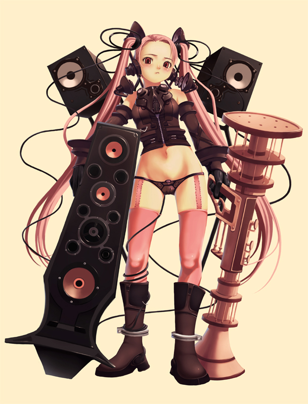 suke akurou, original, bad id, bad pixiv id, 1girl, female focus, long hair, panties, pink hair, red eyes, solo, speaker, thighhighs, twintails, underwear, very long hair
