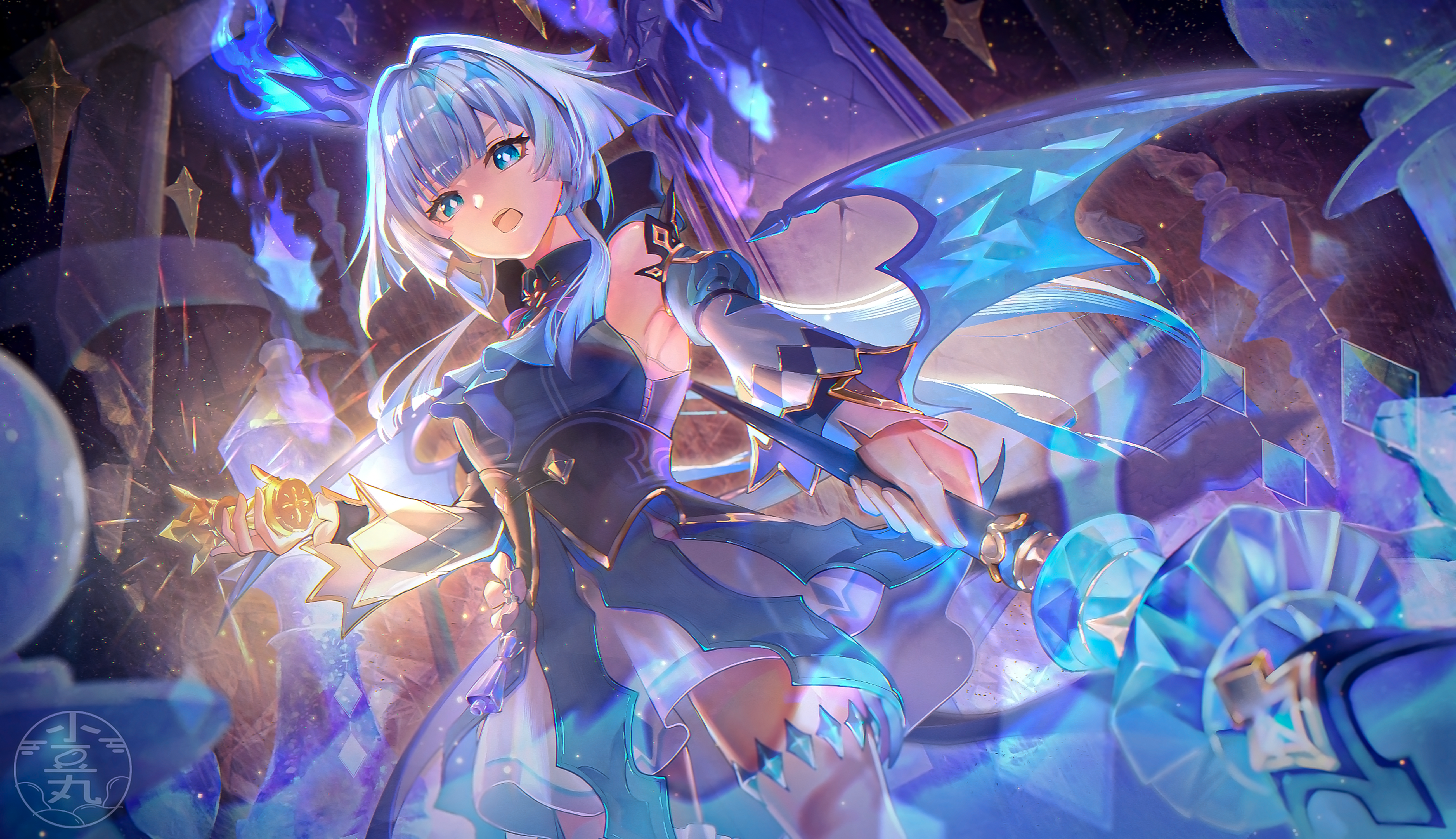 azukimaru, cerydra (honkai: star rail), honkai: star rail, honkai (series), absurdres, commentary request, highres, 1girl, bare shoulders, blue dress, blue eyes, blue hair, bright pupils, crown, detached sleeves, dress, floating hair, from below, holding, long hair, looking at viewer, looking down, mini crown, open mouth, solo, standing, very long hair, white hair, white pupils