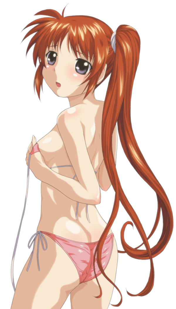 yuuki1103, takamachi nanoha, lyrical nanoha, mahou shoujo lyrical nanoha, mahou shoujo lyrical nanoha strikers, 00s, bikini, long hair, pink bikini, side-tie bikini bottom, solo, swimsuit, untied bikini