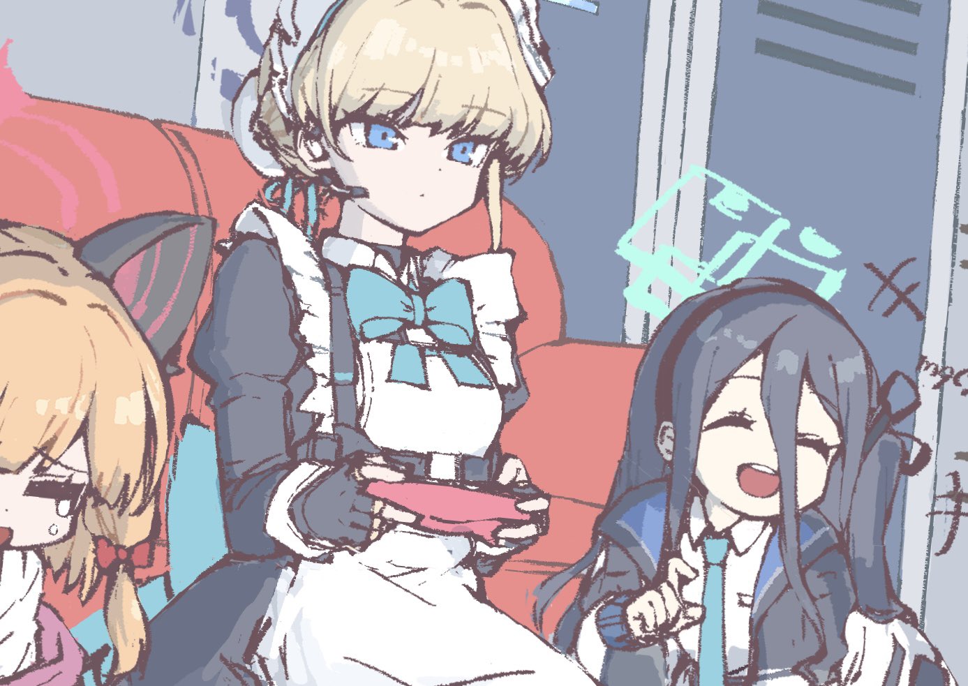 eka1547, aris (blue archive), momoi (blue archive), toki (blue archive), blue archive, +++, 3girls, animal ear headphones, animal ears, apron, black dress, black gloves, black hairband, blonde hair, blue eyes, bun cover, cat ear headphones, closed eyes, closed mouth, collared shirt, controller, couch, crying, dress, fake animal ears, fingerless gloves, game controller, gloves, hairband, halo, headphones, headset, holding, holding controller, holding game controller, locker, long hair, long sleeves, maid, maid headdress, multiple girls, open mouth, orange hair, playing games, shirt, tears, white apron, white shirt
