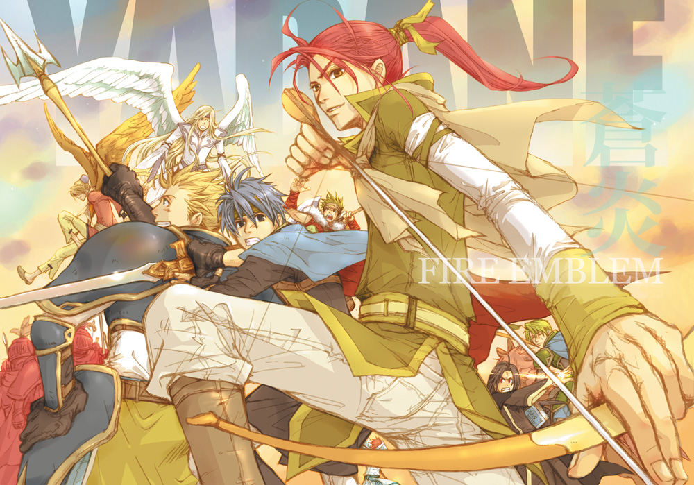 boyd (fire emblem), gatrie (fire emblem), ike (fire emblem), janaff (fire emblem), oscar (fire emblem), rhys (fire emblem), shinon (fire emblem), soren (fire emblem), fire emblem, fire emblem: path of radiance, nintendo, commentary request, 6+boys, alternate eye color, armor, arrow (projectile), black hair, blonde hair, blue eyes, blue hair, bow (weapon), brown hair, feathered wings, green hair, holding, holding arrow, holding bow (weapon), holding polearm, holding sword, holding weapon, horse, long hair, male focus, multiple boys, polearm, ponytail, red eyes, red hair, short hair, sword, tetsu (tet000), weapon, wings