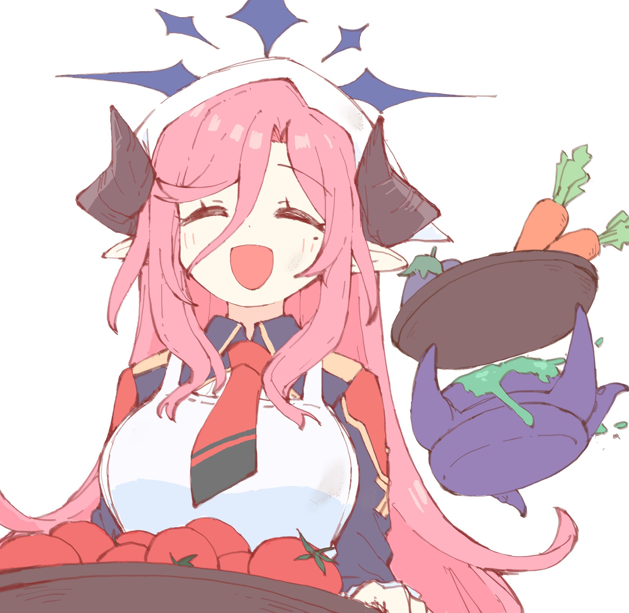 eka1547, juri (blue archive), blue archive, highres, 1girl, ^ ^, apron, blush, breasts, carrot, closed eyes, eggplant, food, hair between eyes, halo, headscarf, holding, horns, large breasts, long hair, long sleeves, mole, mole under eye, open mouth, pan-chan (blue archive), pink hair, pointy ears, sidelocks, simple background, tomato, upper body, vegetable, white apron, white background