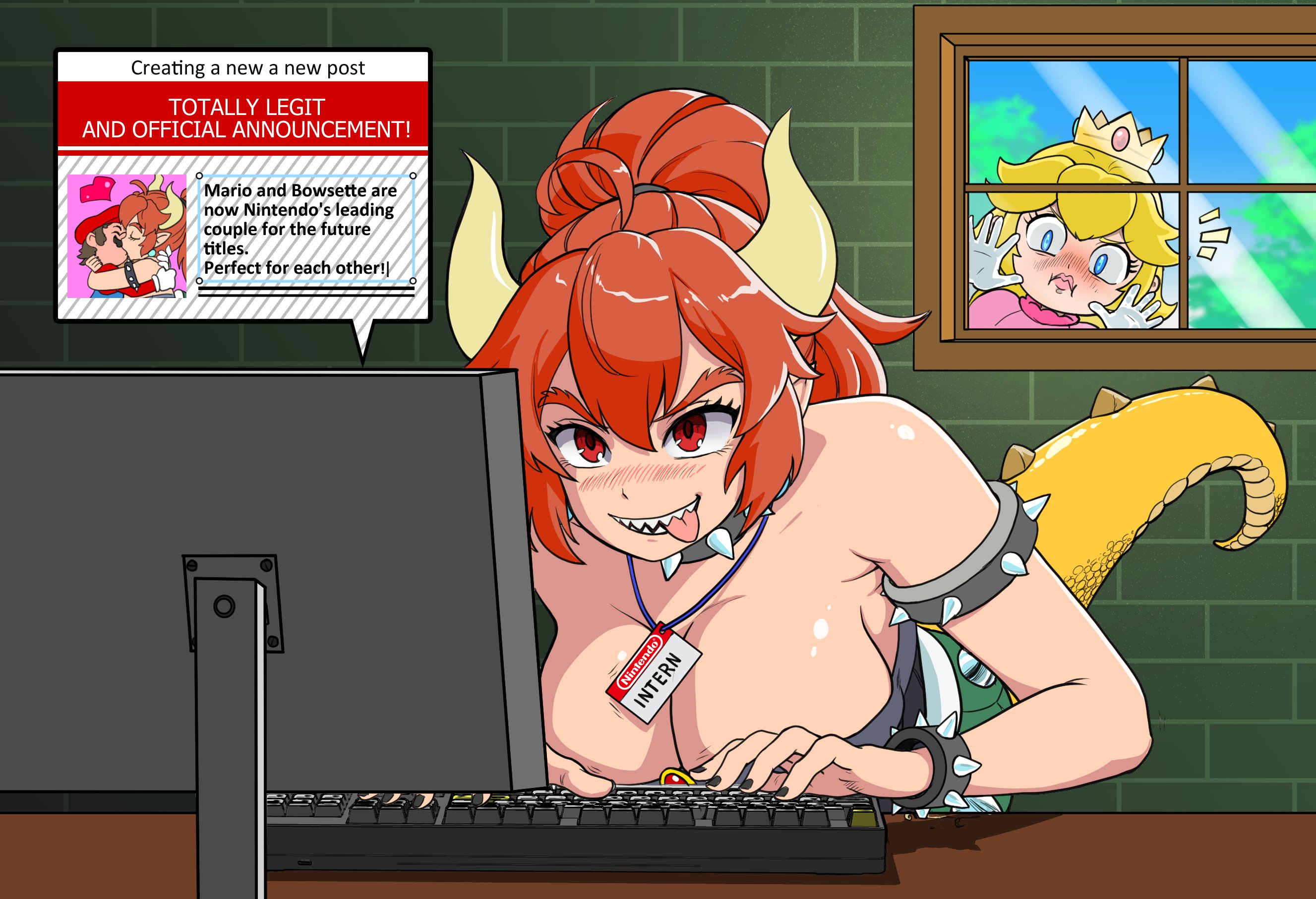 tony kuusisto, bowsette, princess peach, mario (series), nintendo, 2girls, breasts, large breasts, multiple girls, open mouth, red eyes, sharp teeth, teeth