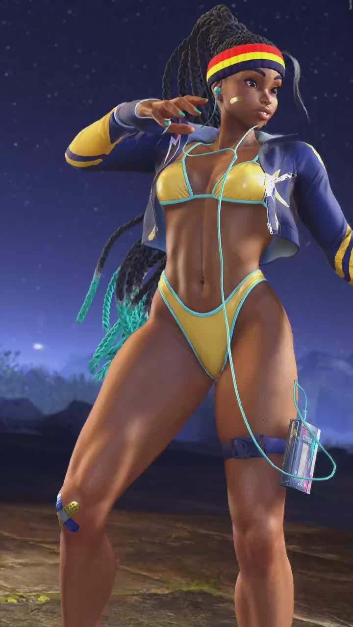 kimberly jackson, street fighter, street fighter 6, animated, audible music, sound, tagme, video, 1girl, abs, alternate costume, aqua hair, ass, bikini, black hair, bouncing ass, bouncing breasts, braid, breasts, curvy, dark-skinned female, dark skin, dreadlocks, fighting stance, highleg, highleg bikini, huge ass, jumping, long hair, looking ahead, looking at viewer, multicolored hair, multiple views, nipples, official alternate costume, shiny skin, simple background, smile, solo, standing, swimsuit, thong, thong bikini, turnaround, wide hips, yellow bikini